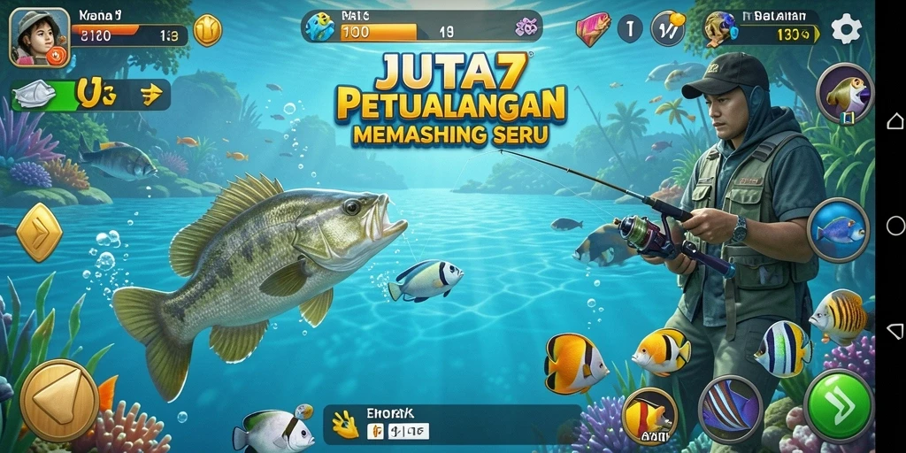 Screenshot gameplay JUTA7 menunjukkan aksi memancing yang seru dan mengasyikkan.