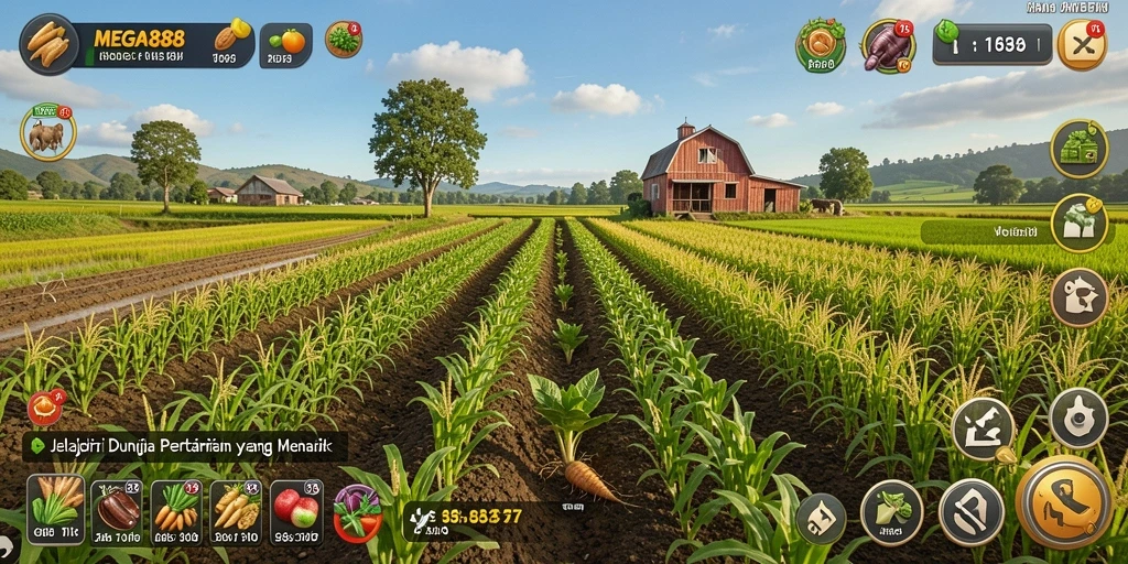 Tangkapan layar dari gameplay MEGA888 yang menampilkan taman yang subur.