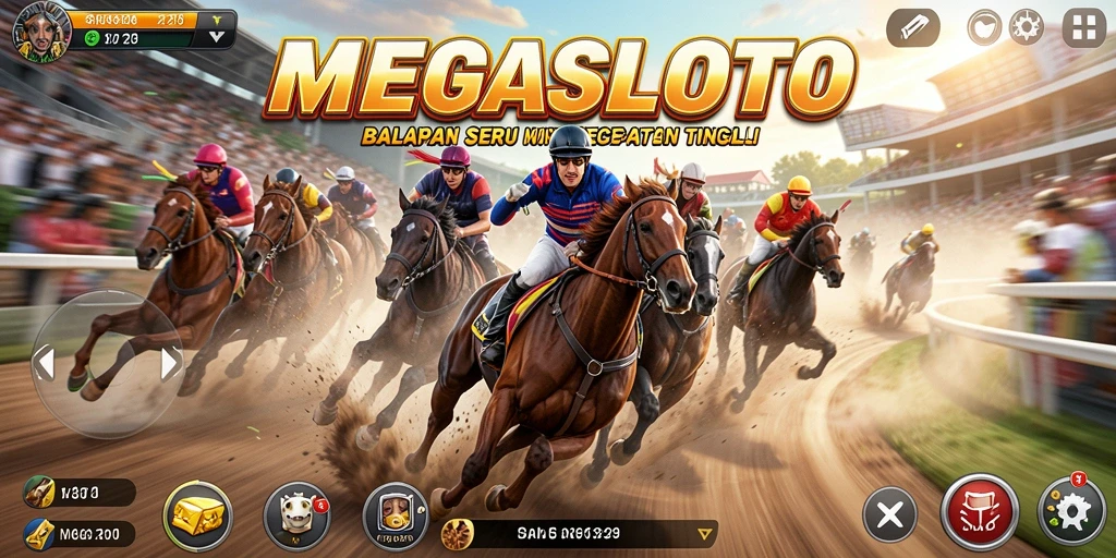 Screenshot gameplay MEGASLOTO menampilkan balapan yang seru dan mendebarkan.